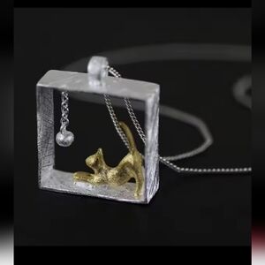 New 925 Sterling Silver Handmade Square Cat And Ball Pendant Necklace
